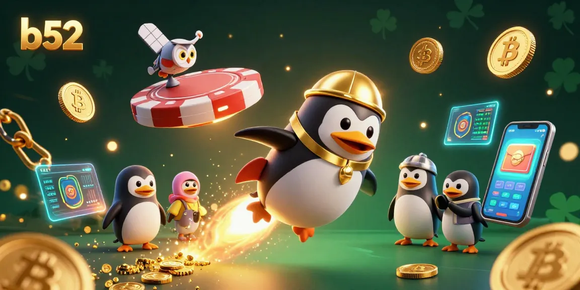 Experience thrilling b52 gaming with a golden penguin blasting through space, surrounded by dynamic casino elements.