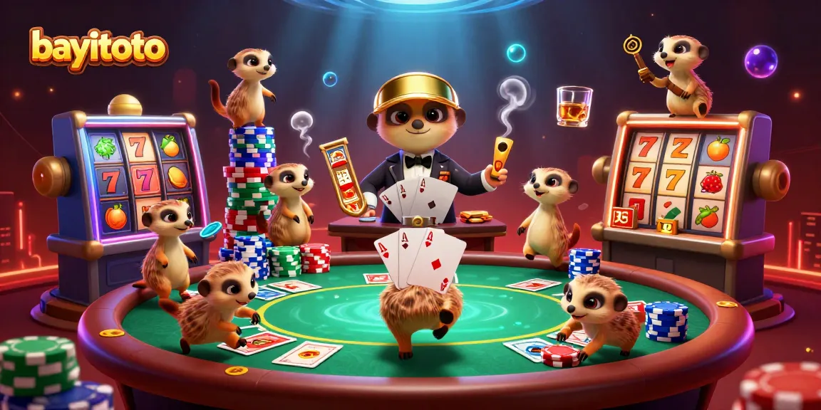 Engage in thrilling casino gameplay with bayitoto’s lively meerkat scene filled with slot reels and colorful chips.