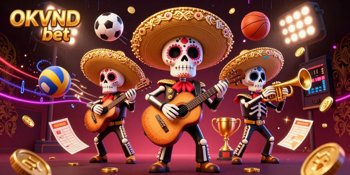 Experience the thrill of OKVND bet with a vibrant skeleton mariachi band amid dynamic sports elements.