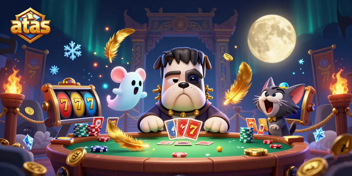 Engaging scene of atas casino with a bulldog dealer, ghost mouse, and werewolf kitten showcasing thrilling slot action.