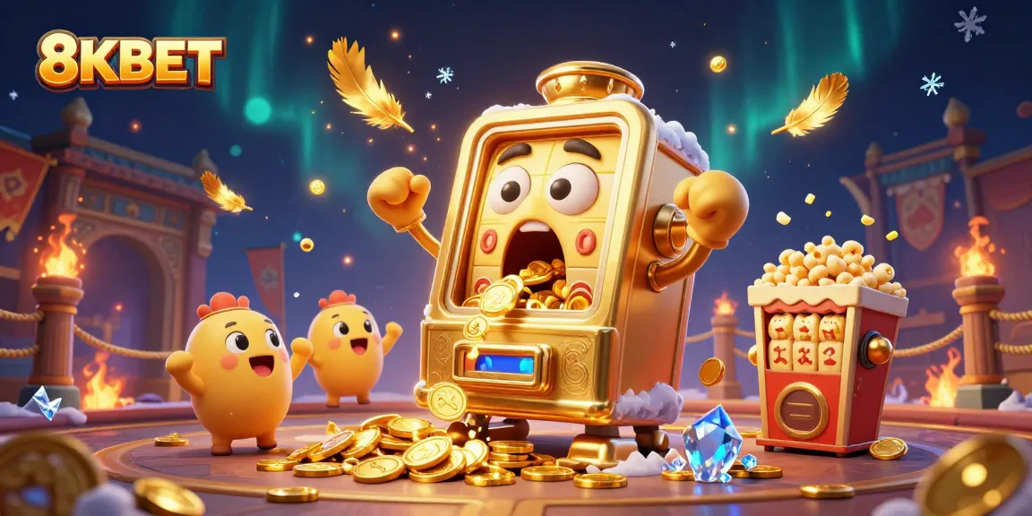 Experience the thrill of 8KBET with a 3D cartoon slot machine celebrating a jackpot under a vibrant casino atmosphere!