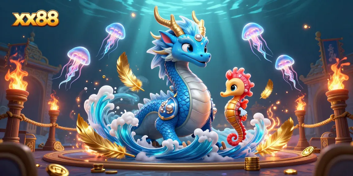 Experience the excitement of xx88 with a vibrant underwater casino scene featuring a majestic dragon and seahorse knight.