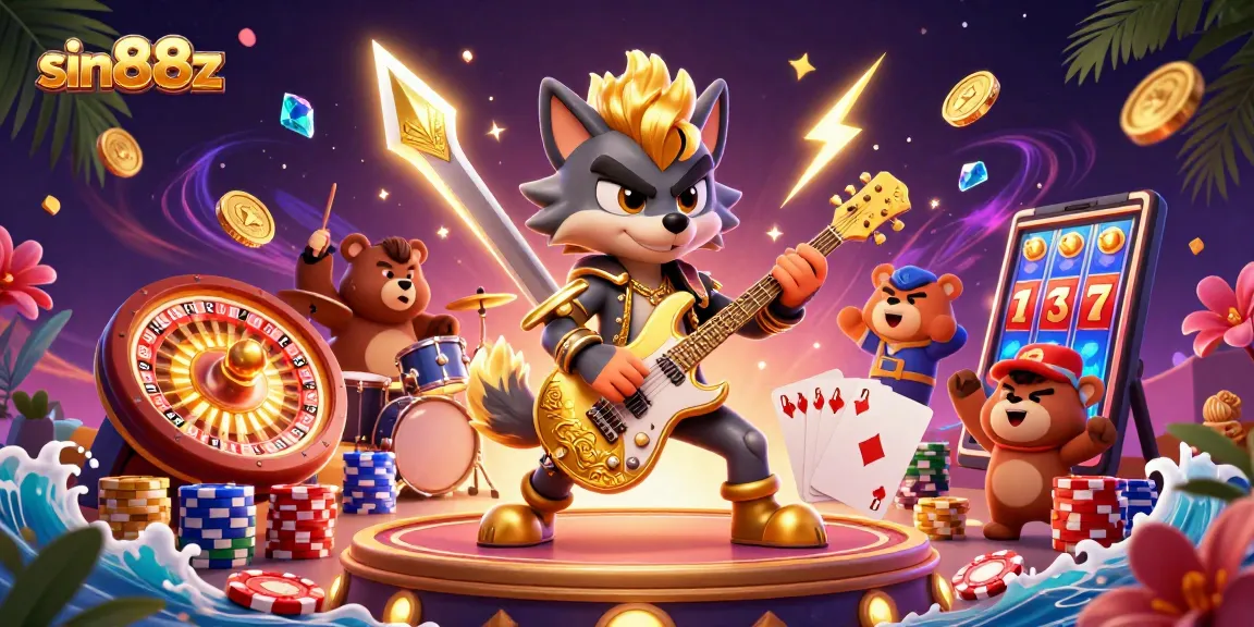 Sin88z captivates with a vibrant 3D casino illustration showcasing rock star characters amid dynamic gaming elements.