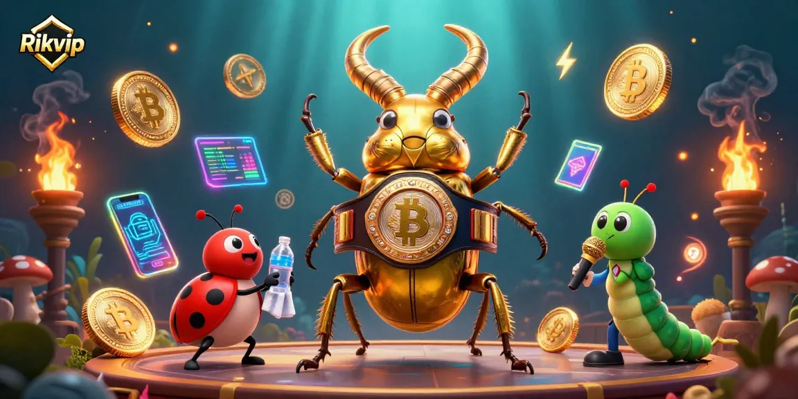 Experience thrilling gaming with Rikvip's vibrant cartoon scene featuring a boxing beetle, ladybug, and digital crypto elements.