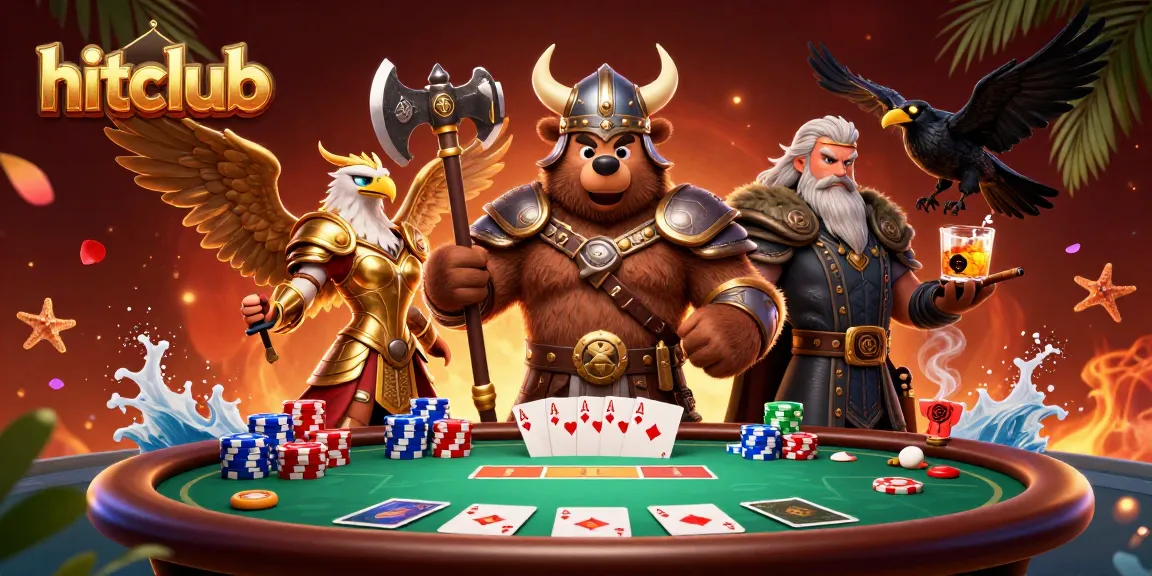 Join hitclub for an exhilarating gaming experience with a Viking bear and Valkyrie eagle at a poker table.