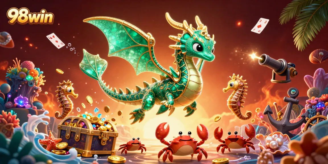 Engage with 98win’s lavish underwater adventure featuring a sea dragon, treasure, and vibrant casino elements.