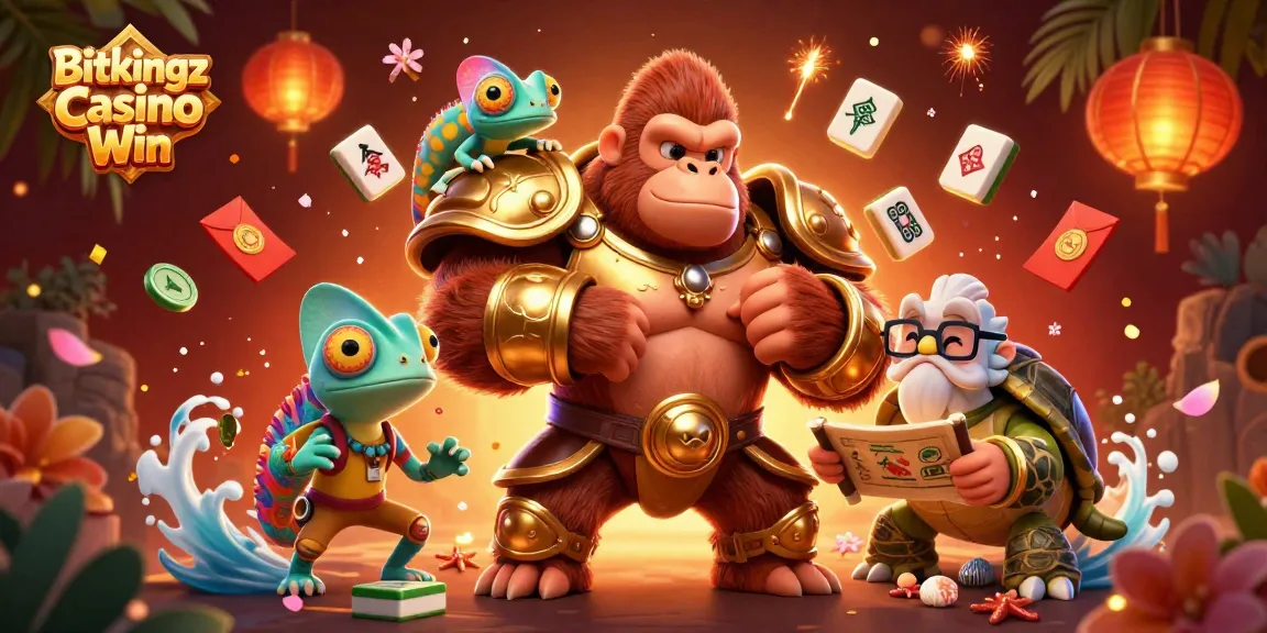 Erlebe den spannenden Gewinn bei Bitkingz Casino mit farbenfrohen Glücksspiel-Elementen und Charakteren.