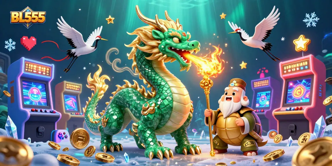 BL555 showcases thrilling gaming action with a majestic dragon and wise turtle sage amidst vibrant casino elements.