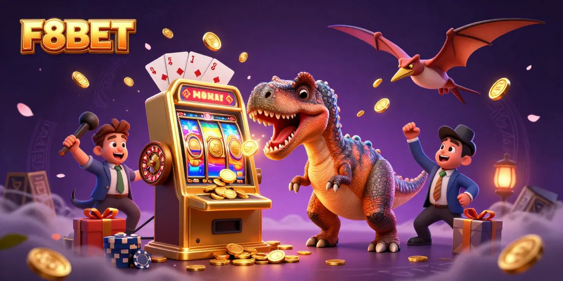 F8BET gaming scene with a dinosaur jackpot in a vibrant casino atmosphere