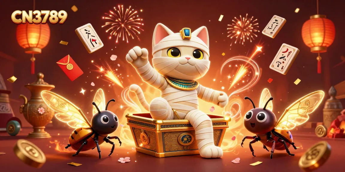 Experience the excitement of CN3789 with a vibrant casino scene featuring a charming mummy cat and gaming elements.