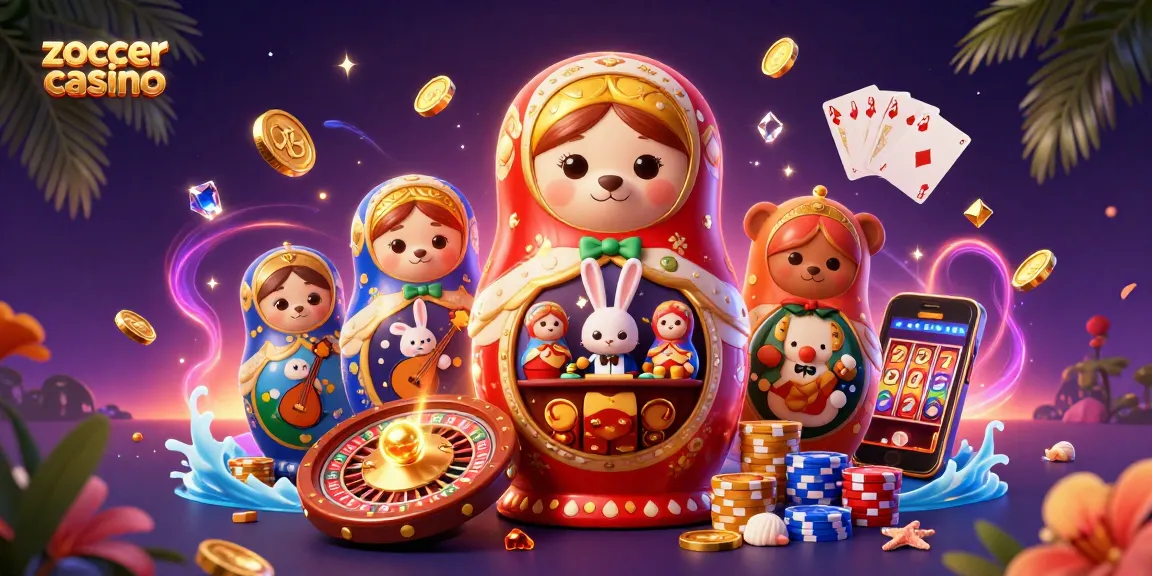 Zoccercasino: 3D-Cartoon-Bären in einem Casino-Umfeld mit Geld und Spielen.