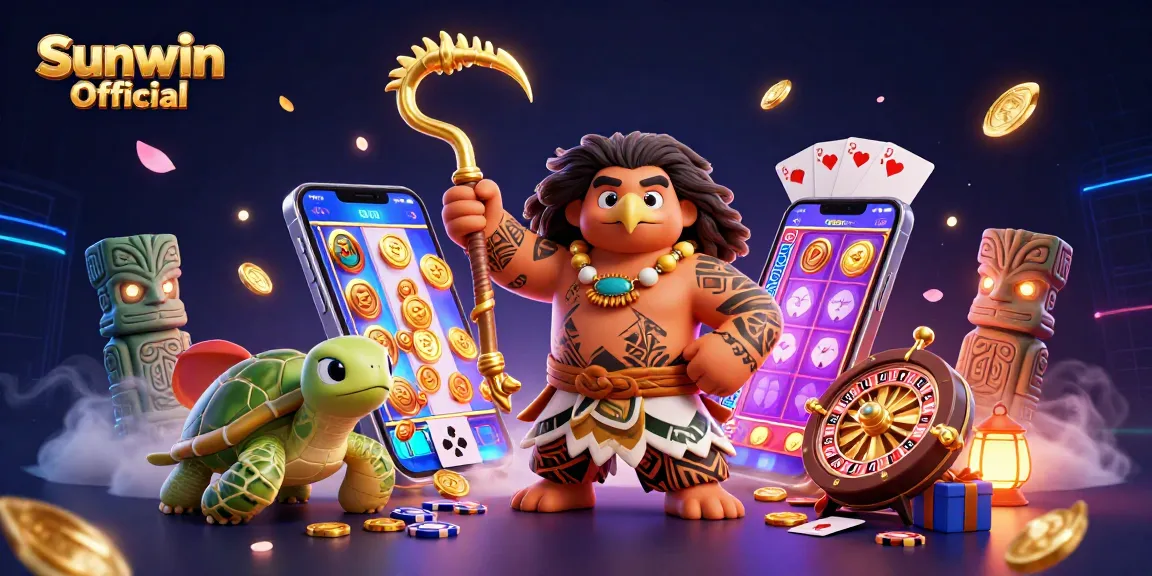 Play exciting slot games with Sunwin Official in a vibrant, action-packed 3D casino scene.