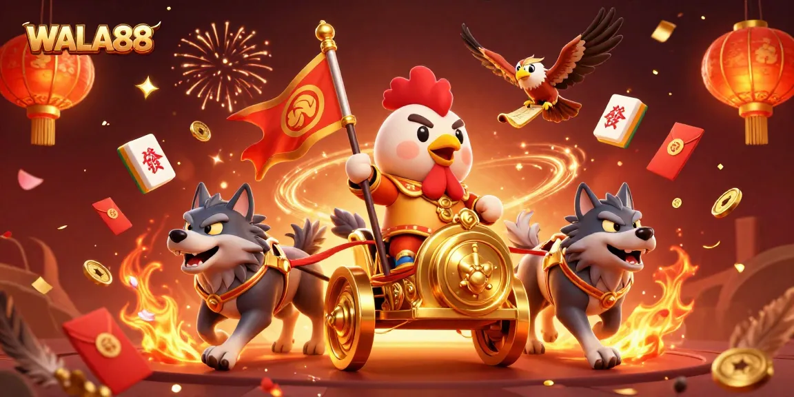 Engage in live cockfighting action with WALA88, featuring a dynamic rooster warlord and vibrant casino elements.