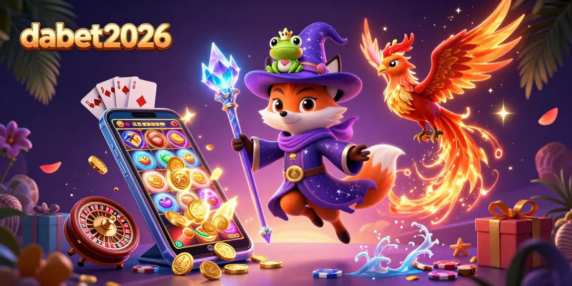 dabet2026 engages players with a vibrant casino world, featuring a wizard fox, phoenix, and slot game elements.