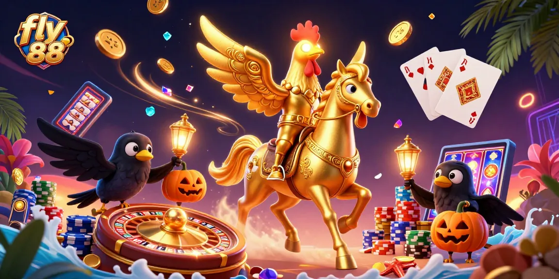 Experience excitement with fly 88 as a golden rooster rides through a vibrant casino scene.