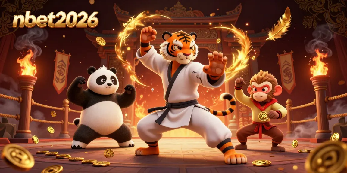 Engage with nbet2026's thrilling action scene featuring a kung fu master and playful characters in an energetic casino environment.
