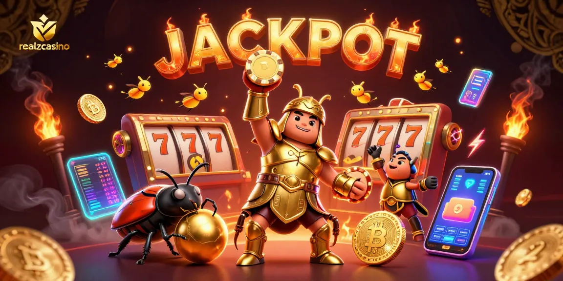 Spiele im realzcasino: 3D-Charaktere feiern einen Jackpot mit goldenen Chips und Neon-Kryptowährungen.