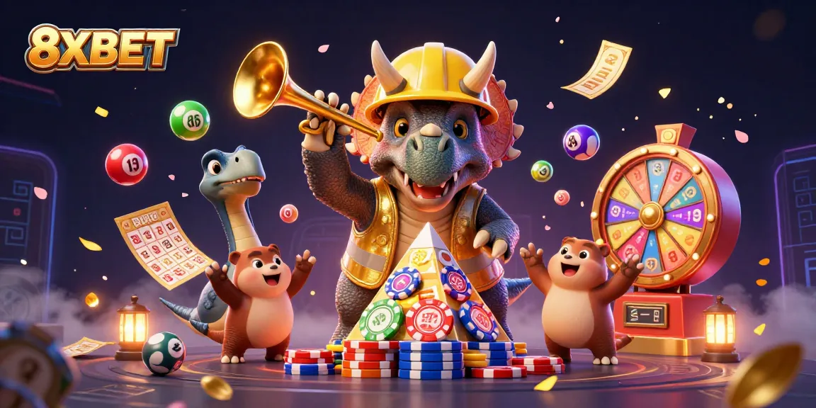 Engage in dynamic gaming action at 8XBET with colorful lottery balls and vibrant casino elements.