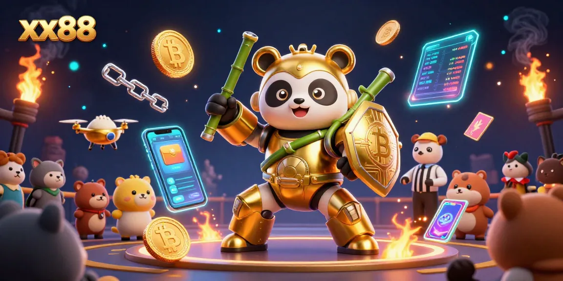 Engage in thrilling gambling moments at xx88 with a vibrant mech-suit panda battling in a dynamic casino arena
