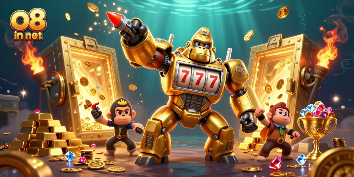 Engage in thrilling gameplay at o8 in net with a golden gorilla mech celebrating casino wins.