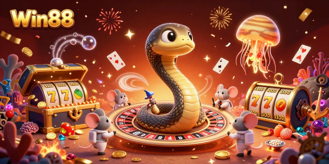 Win88 offers thrilling gameplay with a vibrant scene of astronaut mice betting on a roulette-like Saturn, surrounded by treasure and casino elements.