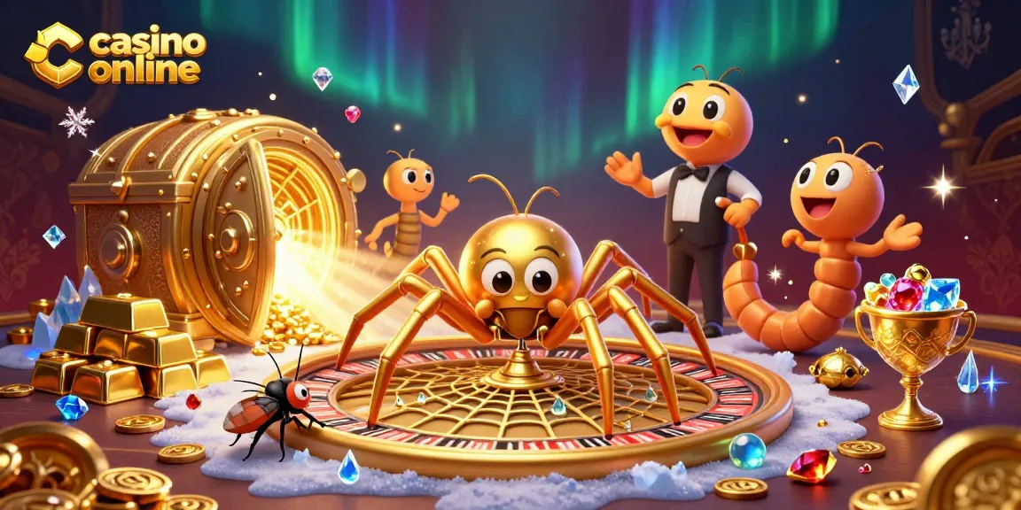 Betting at a thrilling casino online with a golden spider and centipede croupier spinning the web of excitement