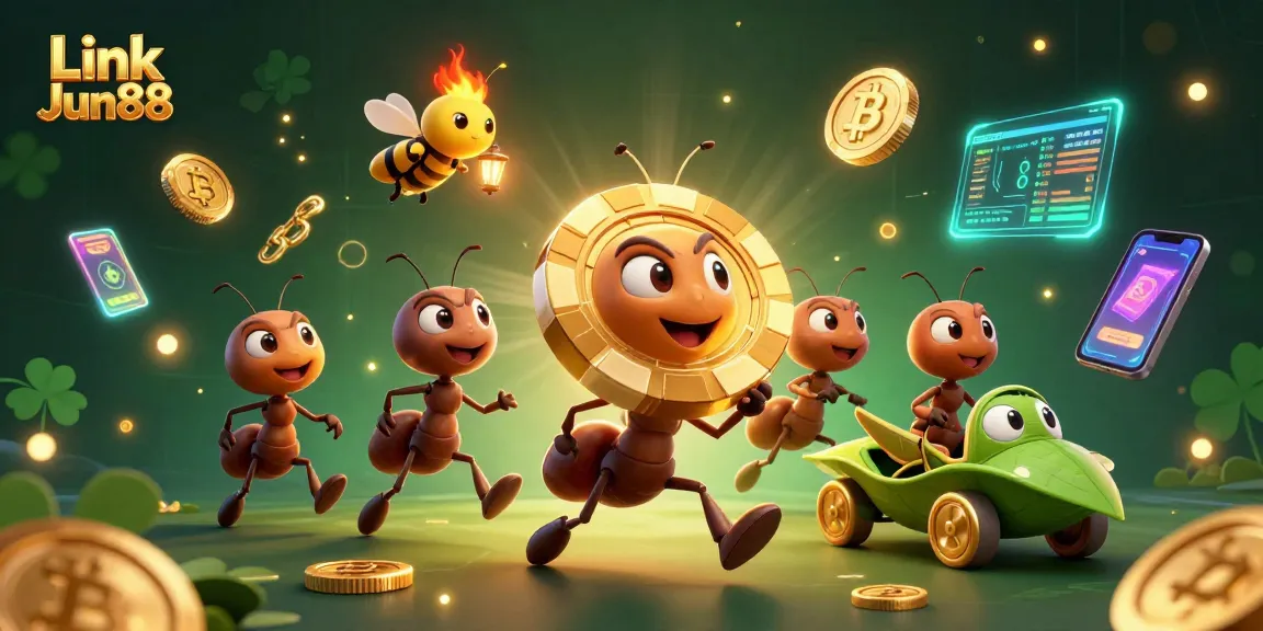 Experience thrilling heists in the virtual world with Link Jun88, showcasing cartoon ants and glowing crypto elements.