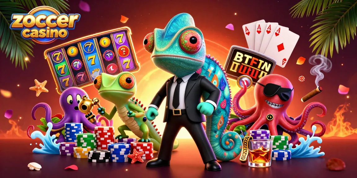 Engage with the thrilling zoccer casino experience, featuring a dynamic casino scene with vibrant slot reels and colorful poker elements.
