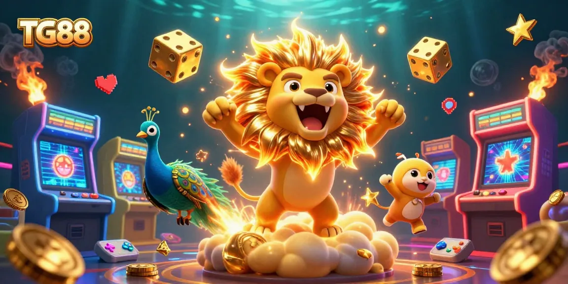 Experience thrilling gaming at TG88 with a vibrant 3D illustration showcasing dynamic casino elements.