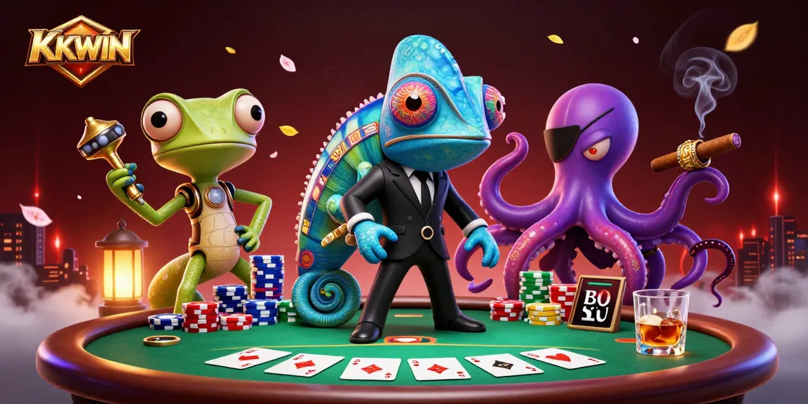 KKWIN poker scene with vibrant characters and gaming elements, showcasing an exciting casino atmosphere.
