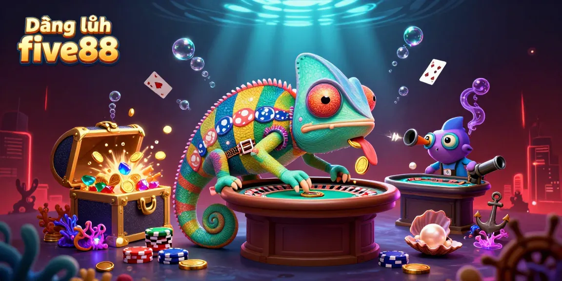Experience thrilling action at Đăng ký five88 with a vibrant chameleon casino owner amidst a treasure-filled underwater scene.