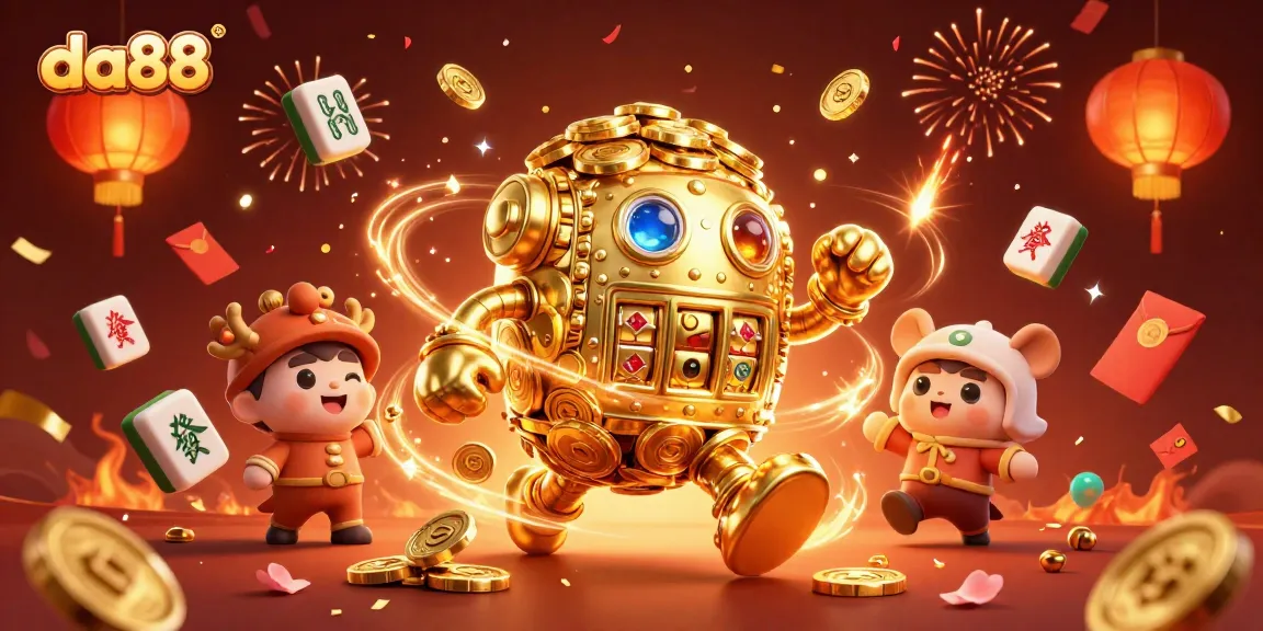 Engage with da88's thrilling casino experience featuring a golden golem and festive elements.