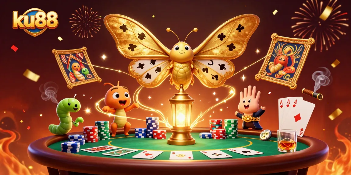 Experience ku88's vibrant casino scene with poker chips and a golden atlas moth.