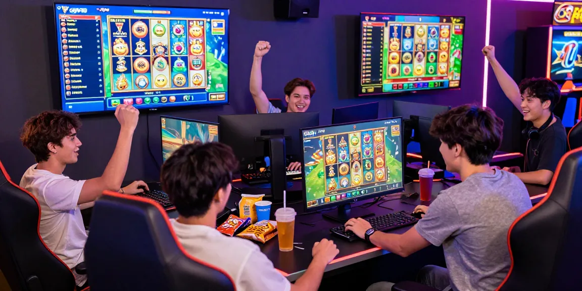Group of friends enjoying online slots on oppa86 with vibrant gaming atmosphere.
