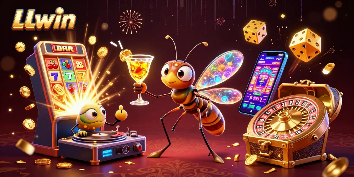 Experience the thrill of LLwin with a vibrant 3D casino scene featuring a frozen mosquito mascot, trilobite DJ, and golden roulette wheel.