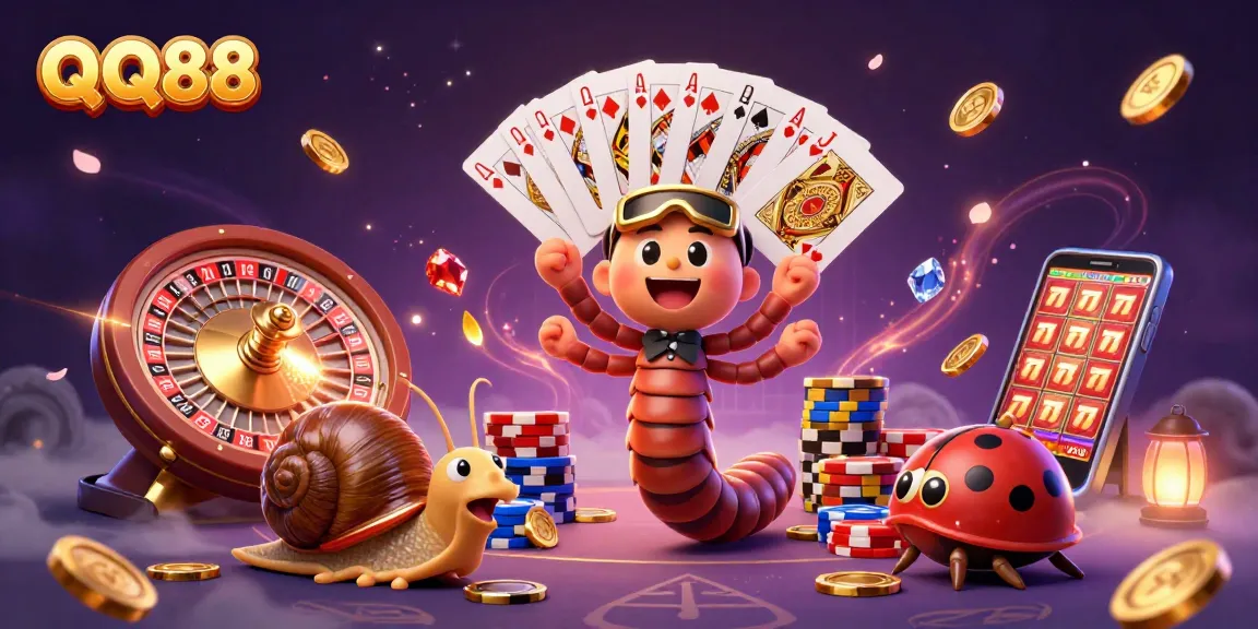 Experience excitement with QQ88 as a millipede dealer showcases cards in a vibrant casino scene.