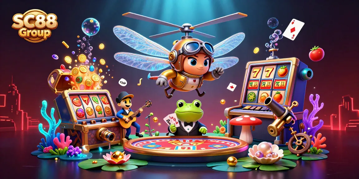 Engage with exciting games at SC88 Group's vibrant lily pad casino scene featuring dynamic characters.