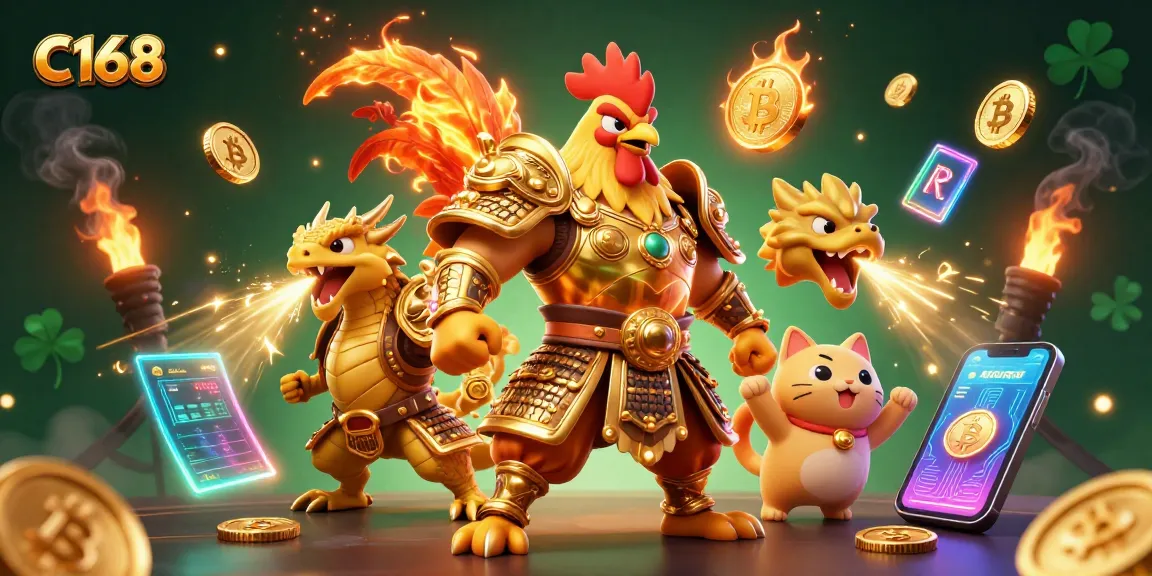 C168 invites players to win with a dynamic scene featuring a samurai rooster, dragon hatchling, and crypto coins.