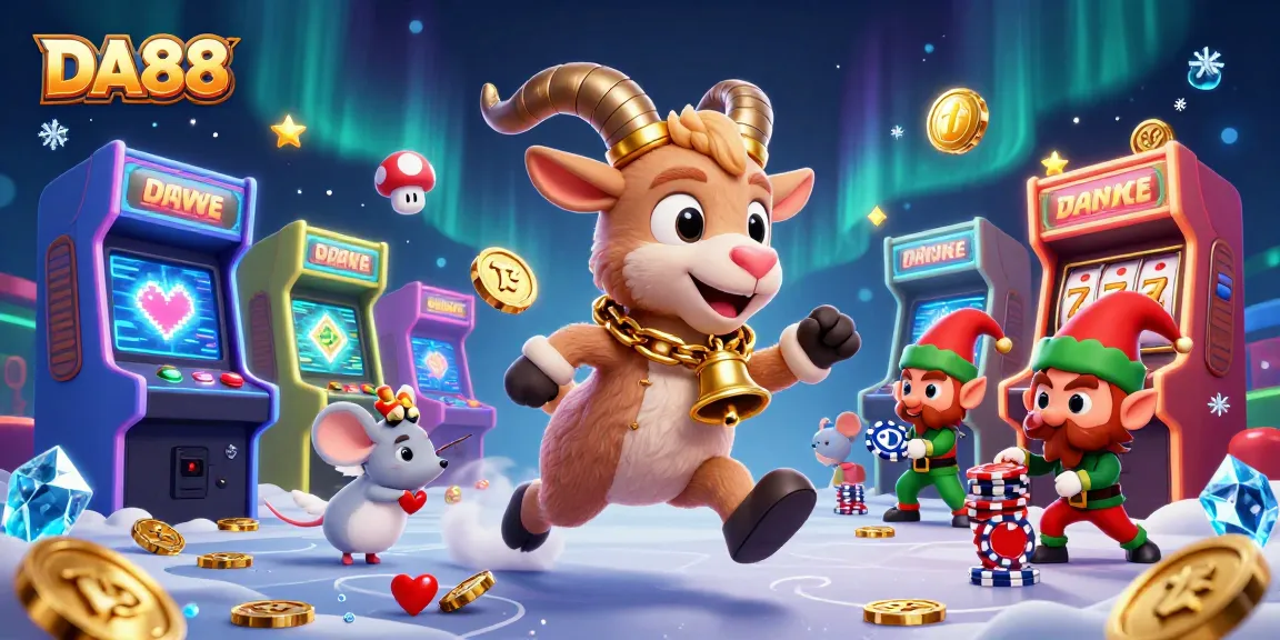 Experience the thrills of DA88 with animated casino characters in a festive holiday scene.