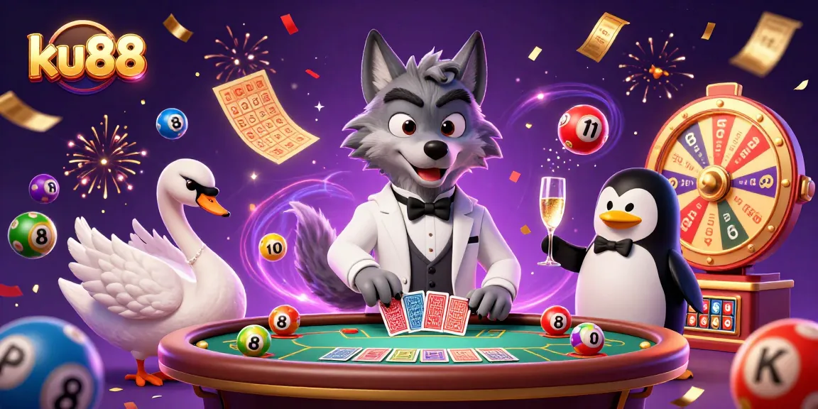 Engage with ku88's vibrant casino scene featuring a stylish wolf and an elegant swan.