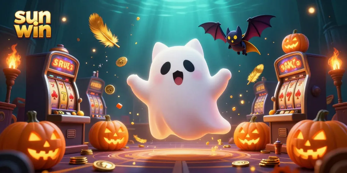 Engage in thrilling slots at sun win with a ghost cat and bat in a haunted casino scene.