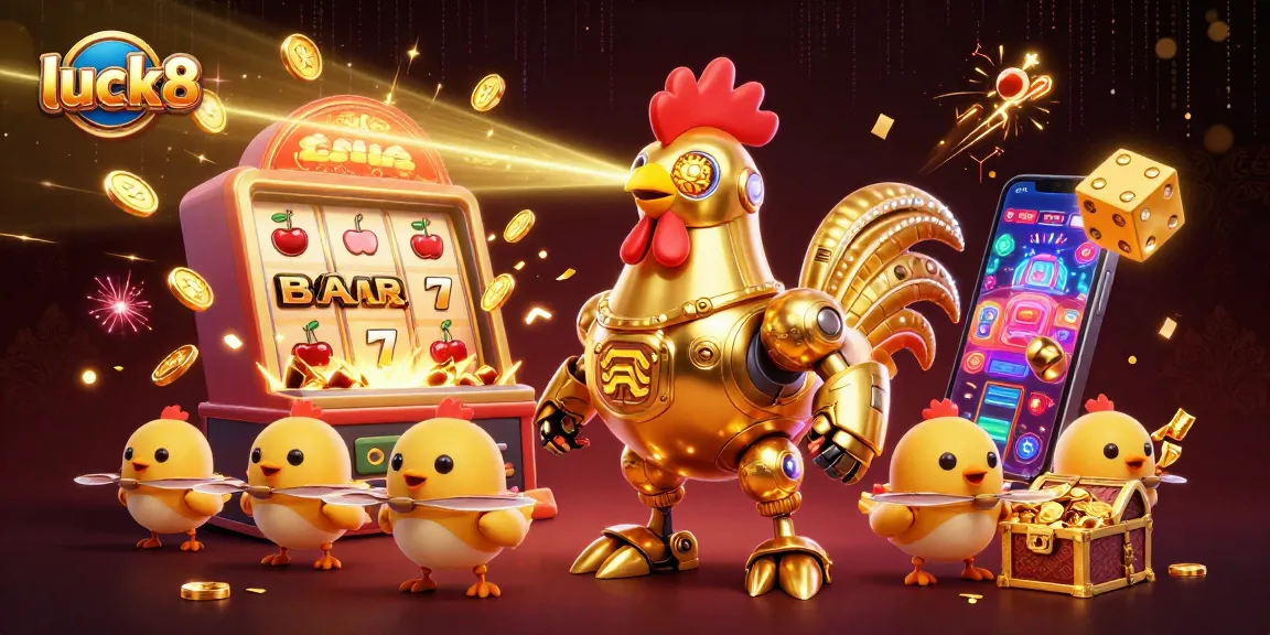 Engage in vibrant casino action with luck8's golden rooster robot and baby chick drones amidst bursting jackpots and glowing treasures.