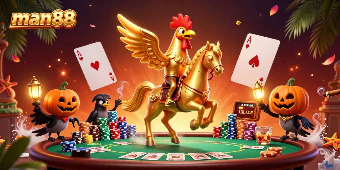 Experience man88 excitement at a magical casino night with golden rooster riding through dynamic gaming elements.