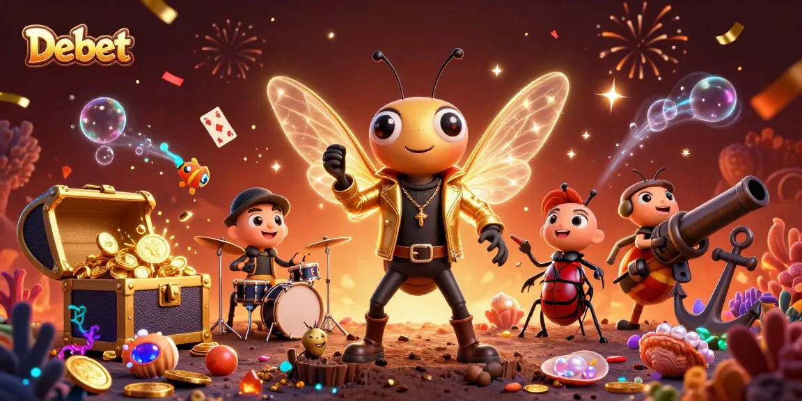 Engage with Debet's thrilling gaming experience featuring a rock star cicada and vibrant casino elements.