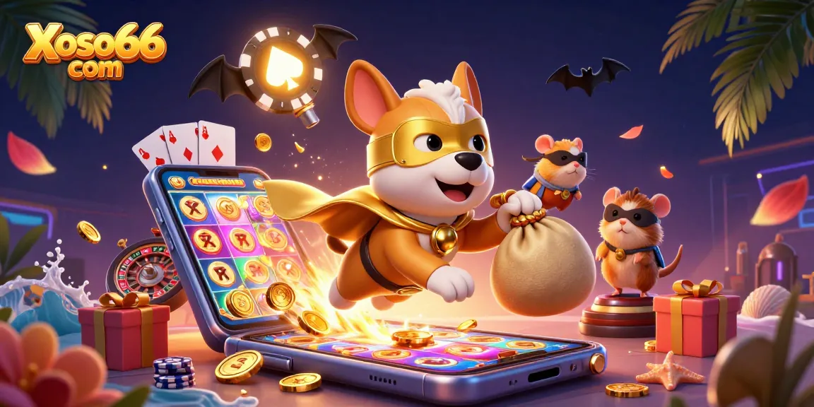 Win big at Xoso66 com with the illustrated 3D scene of an airborne dog superhero, gold coins flying.