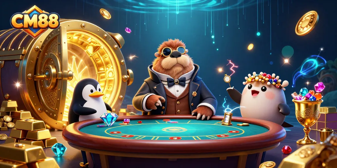 Engage with CM88's vibrant underwater casino scene featuring a walrus, penguin dealer, and pufferfish player.