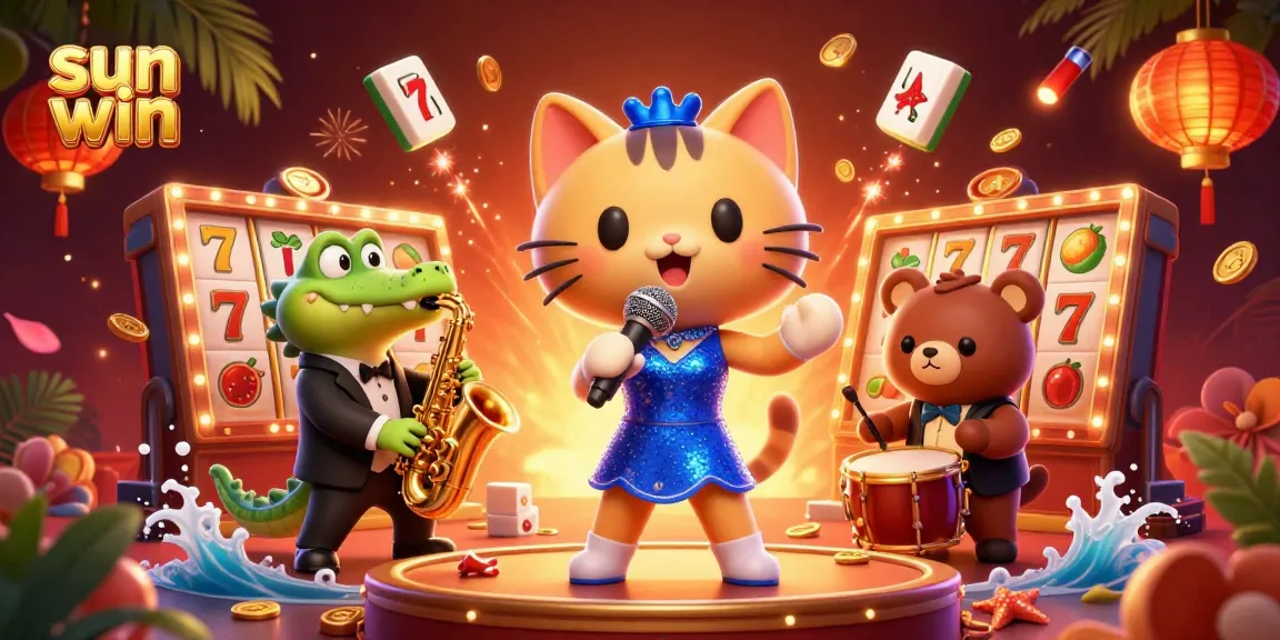 Engage in thrilling gameplay with sun win's dynamic slots scene showcasing a jazz-singer cat, saxophone crocodile, and drum bear.