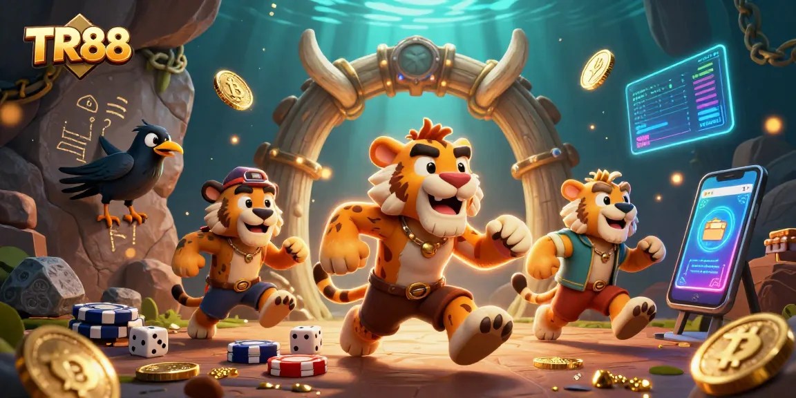 TR88 casino scene with caveman and tiger featuring playful elements of cryptocurrency.